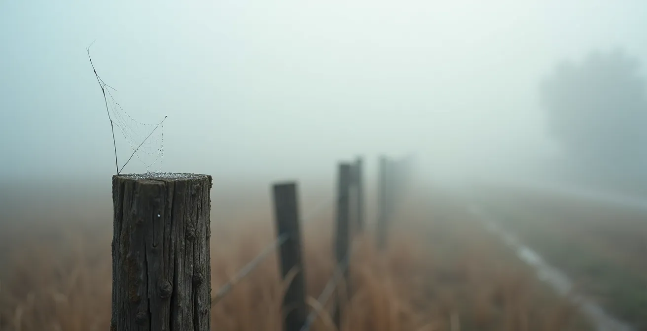 A weathered wooden fence post with a dew-covered spider web, embodying the wabi-sabi aesthetic with its natural, muted tones.
