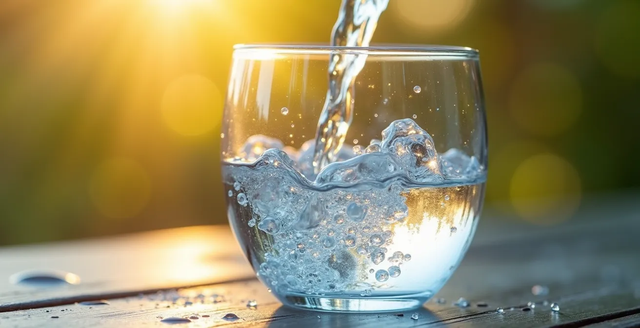 Macro shot of water being poured into glass with morning light