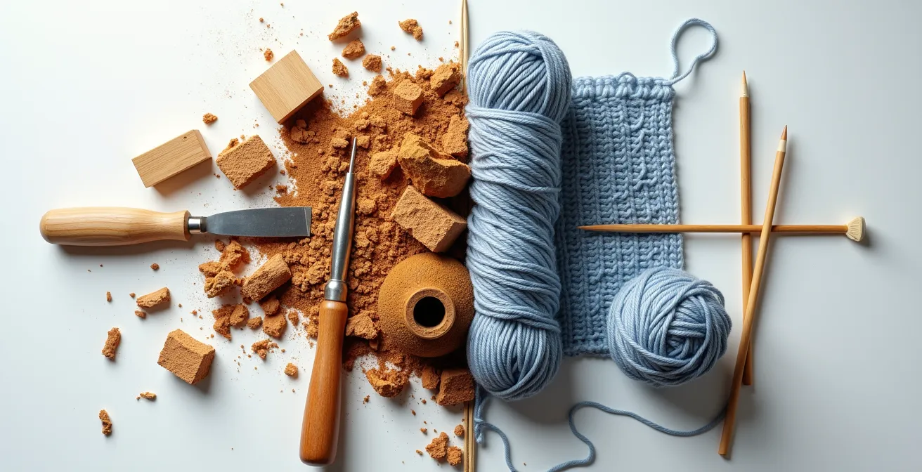 Split composition showing woodworking tools on the left and knitting materials on the right.