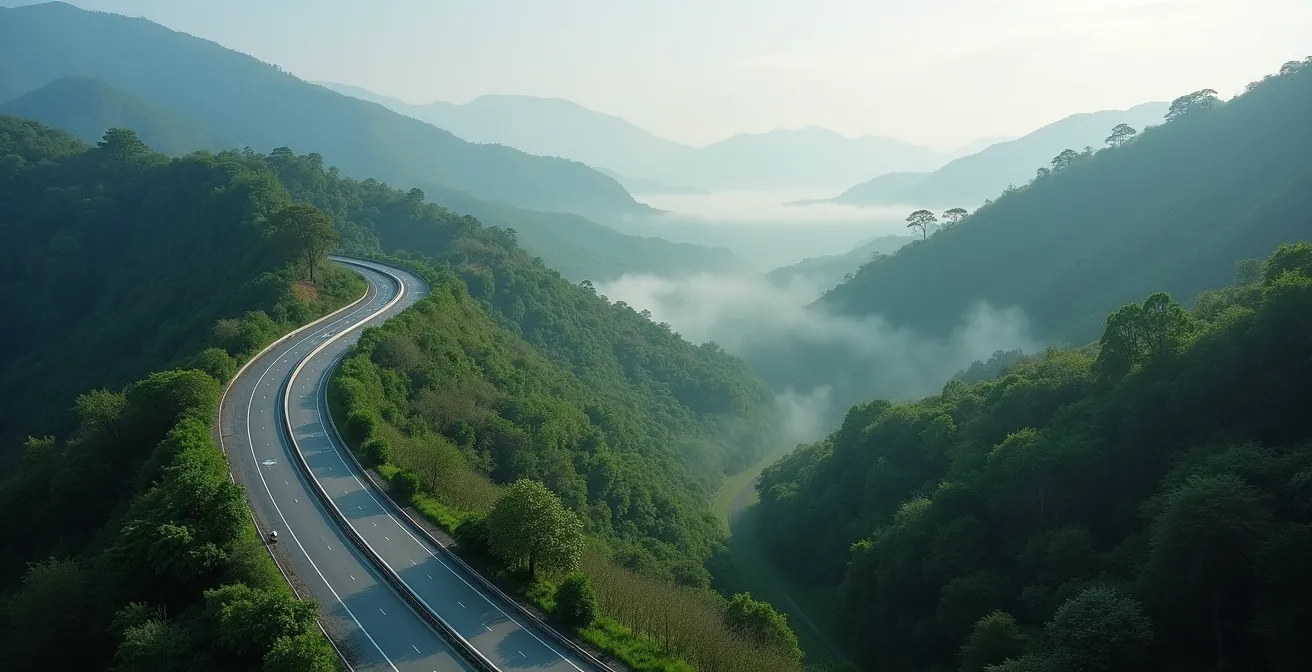 Aerial perspective showing natural hill creating quiet pocket near busy highway