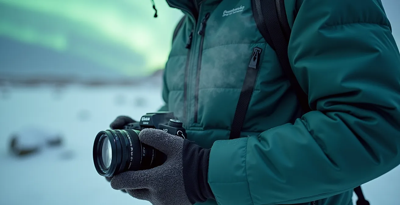 Close-up of photographer's layered winter clothing system showing merino base layer, synthetic insulation, and weather-sealed outer shell