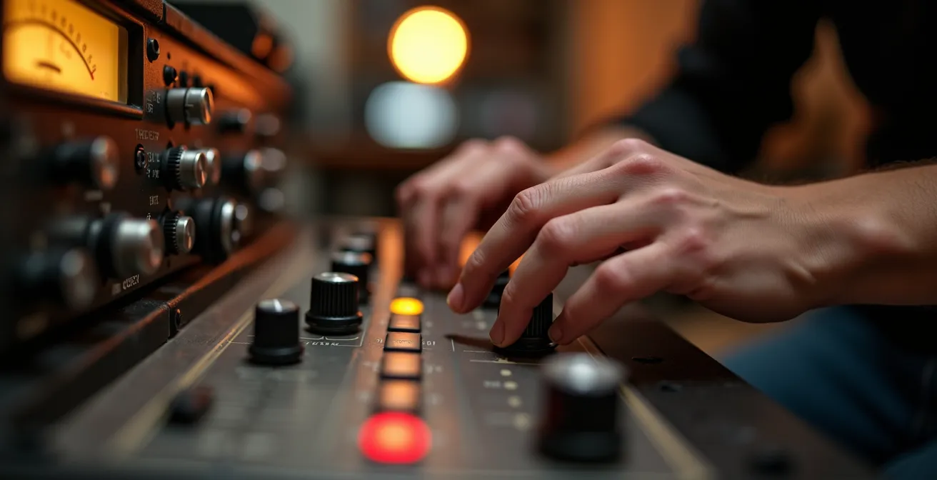 Person adjusting analog compressor knobs in recording studio