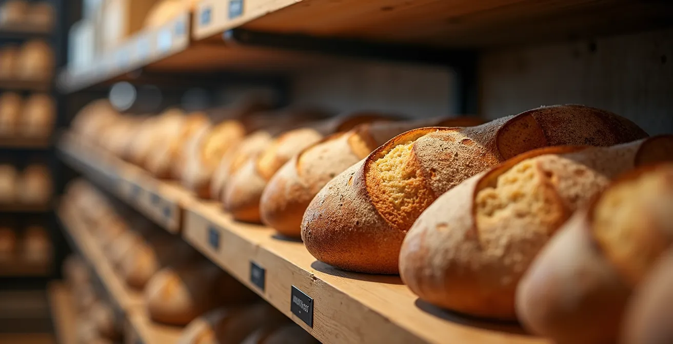 Baker placing fresh bread on display shelves during afternoon second bake with warm lighting