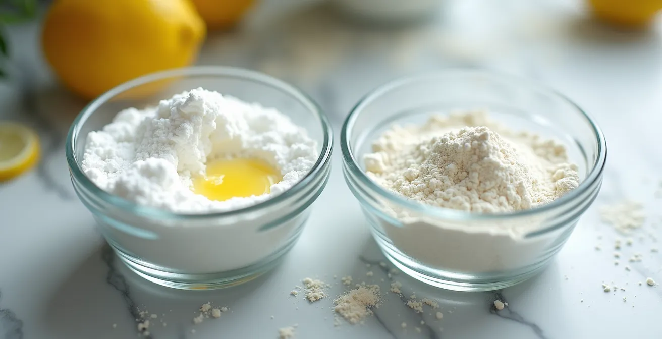 Close-up comparison of baking soda and powder with chemical reactions visible