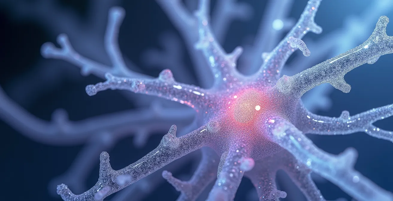 Extreme close-up visualization of interconnected neural pathways showing synaptic connections