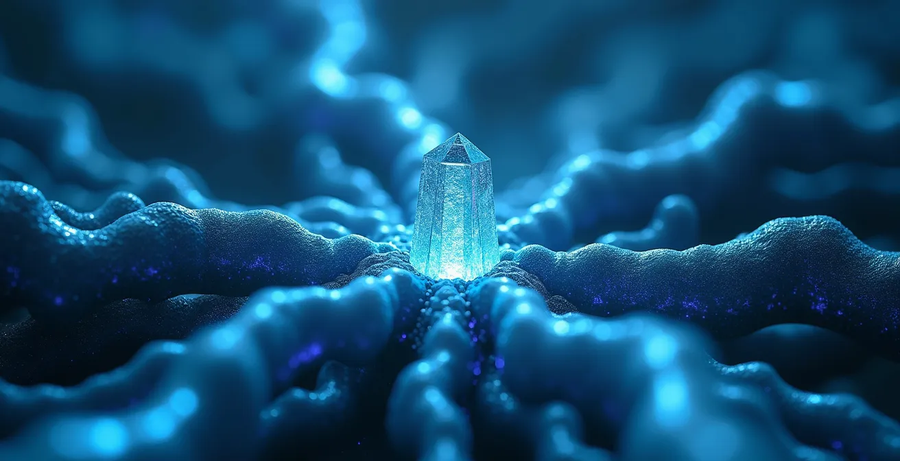 Macro view of illuminated neural pathways resembling satellite map networks