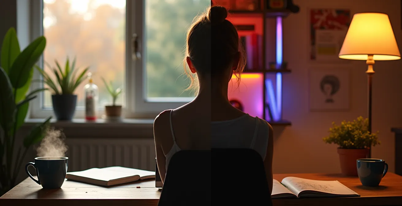 Split scene showing morning coding productivity versus late night creative coding sessions