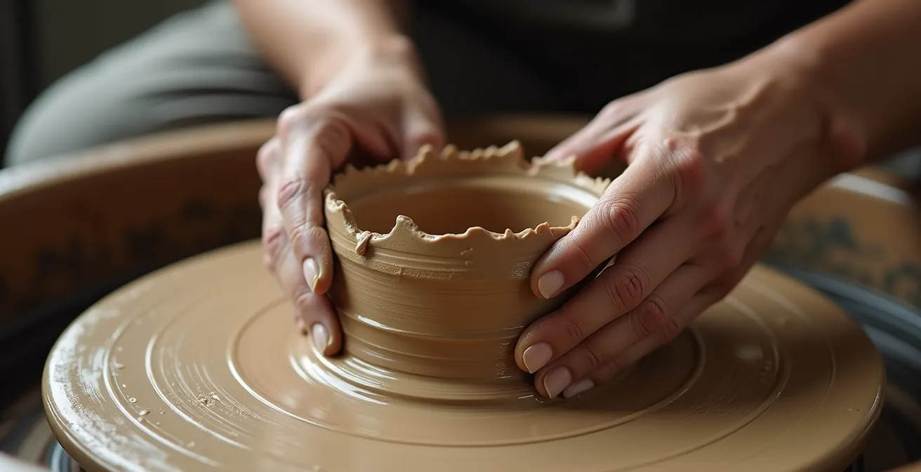 Potter's hands salvaging collapsed clay on wheel showing the beauty of imperfection