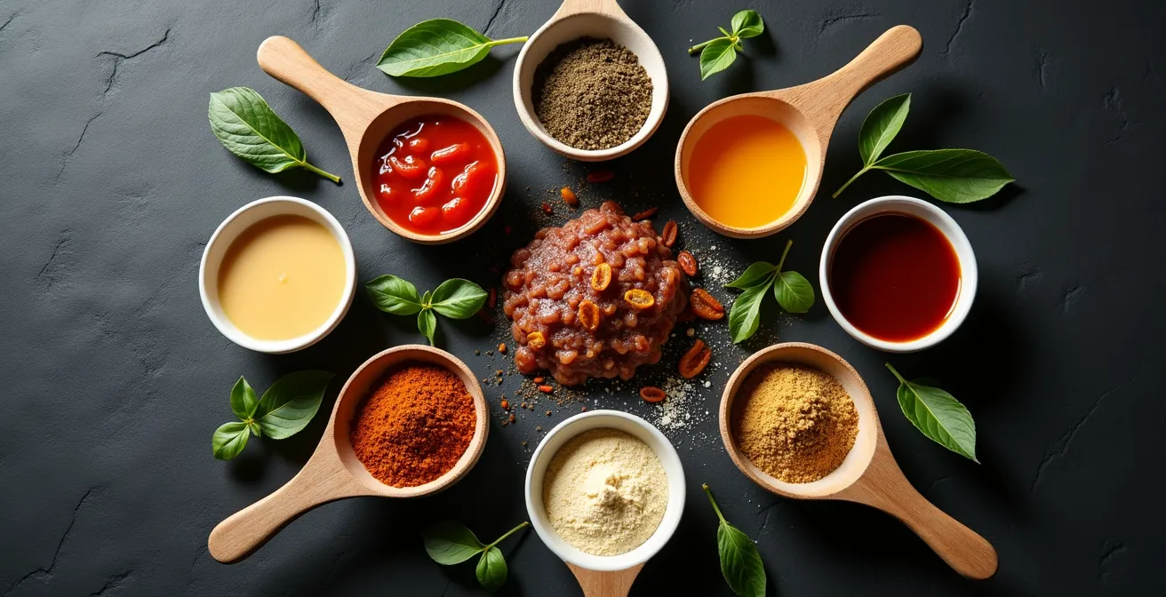 Various sauce components and spices arranged separately showing flavor building blocks