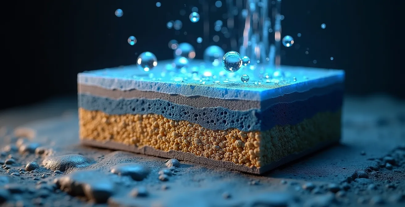 Cross-section showing multiple protection layers in self-healing concrete