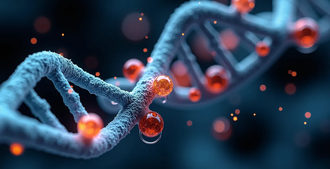 Microscopic view of DNA interacting with pharmaceutical molecules
