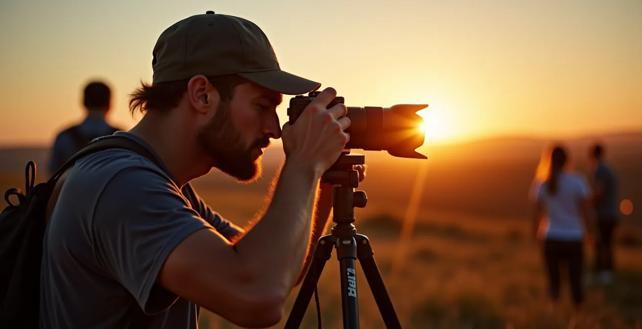 Split composition showing partial eclipse through camera viewfinder with exposure settings displayed, demonstrating dynamic range limitations