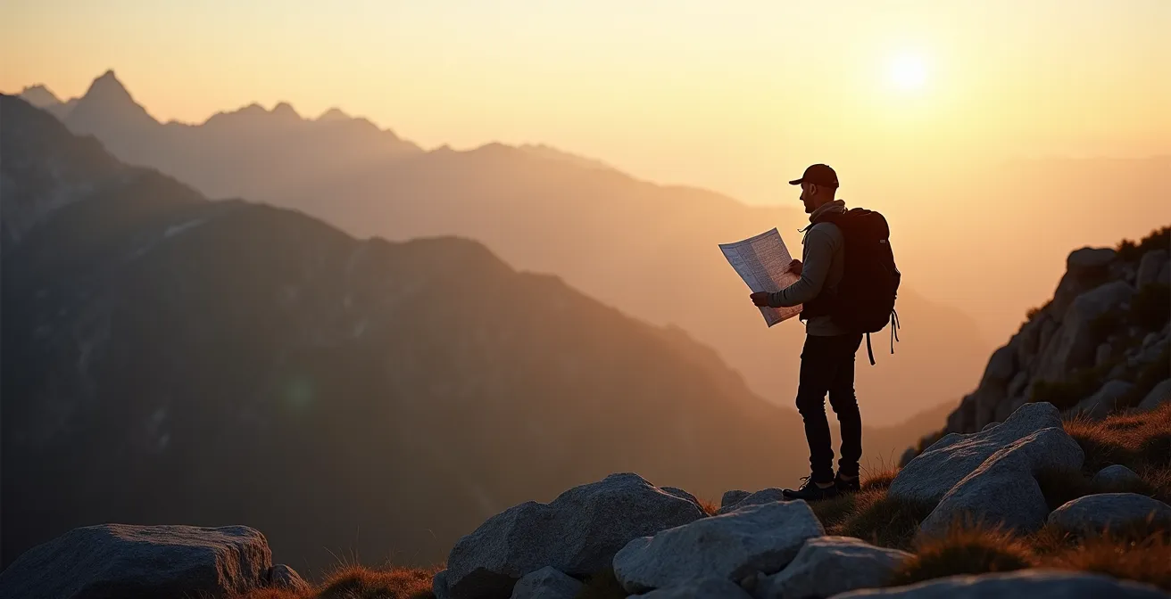 Wide shot of hiker on rocky ridge consulting paper map with mountain vista in background