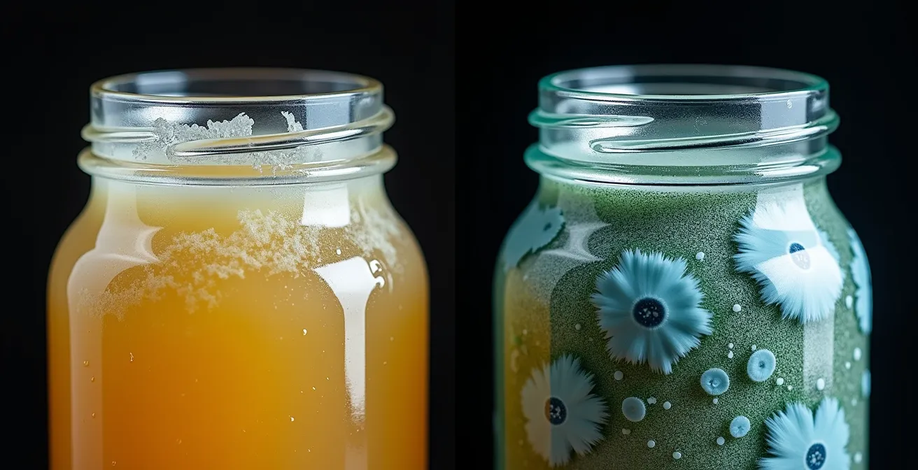 Macro comparison of kahm yeast film versus mold growth on fermented vegetables