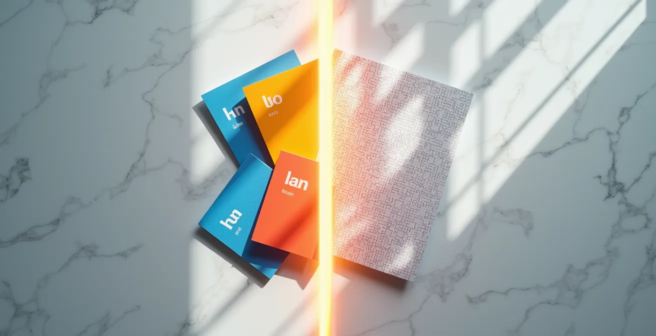 A split scene showing colorful abstract language learning materials on one side and professional business documents on the other, symbolizing the choice of learning tools for a professional context.