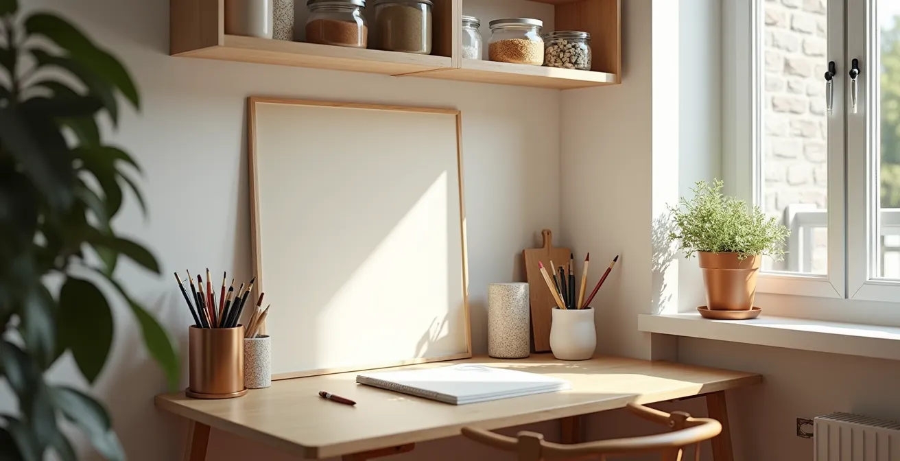 Cozy apartment corner transformed into art therapy space with supplies and natural light