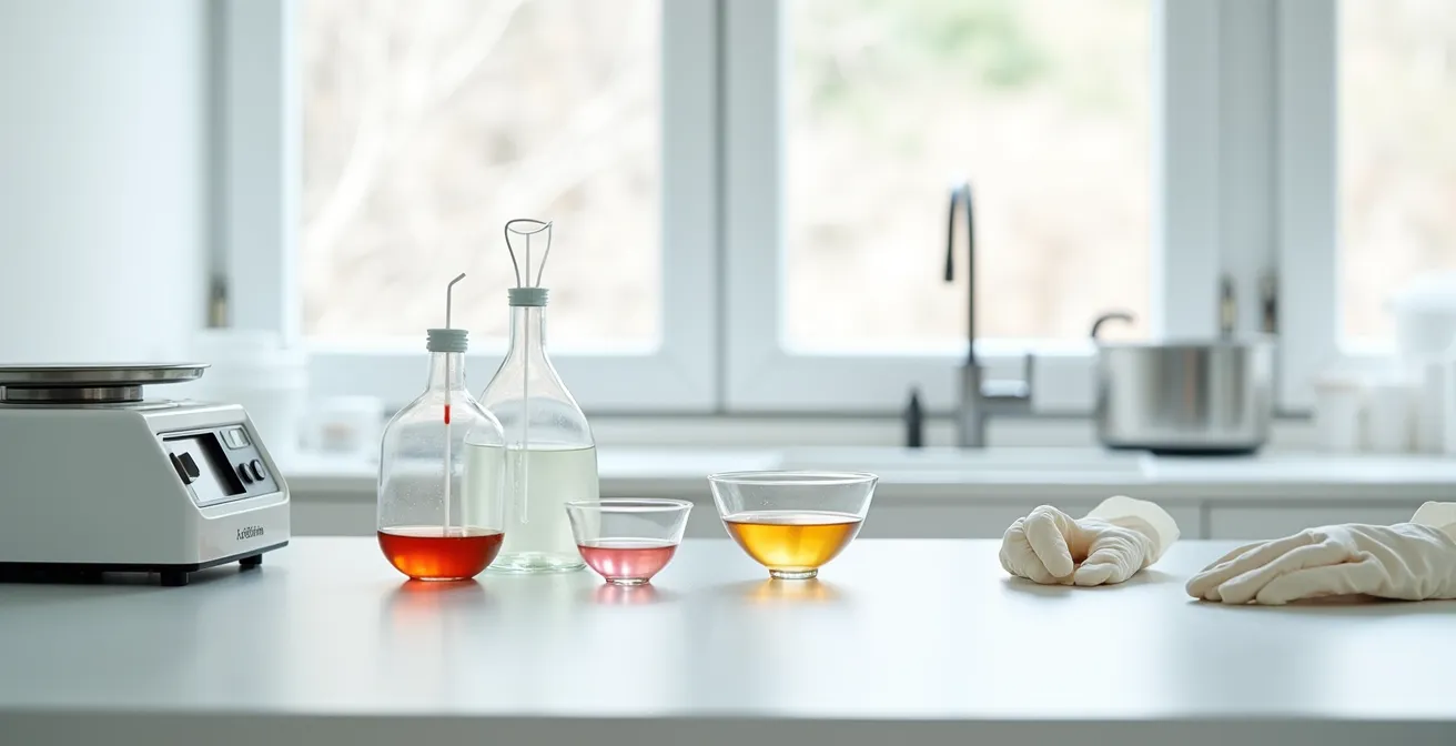 Professional molecular gastronomy workspace with safety equipment arranged