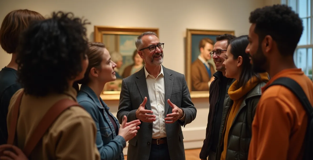 A museum docent engaging with a small group of visitors in animated discussion about an artwork