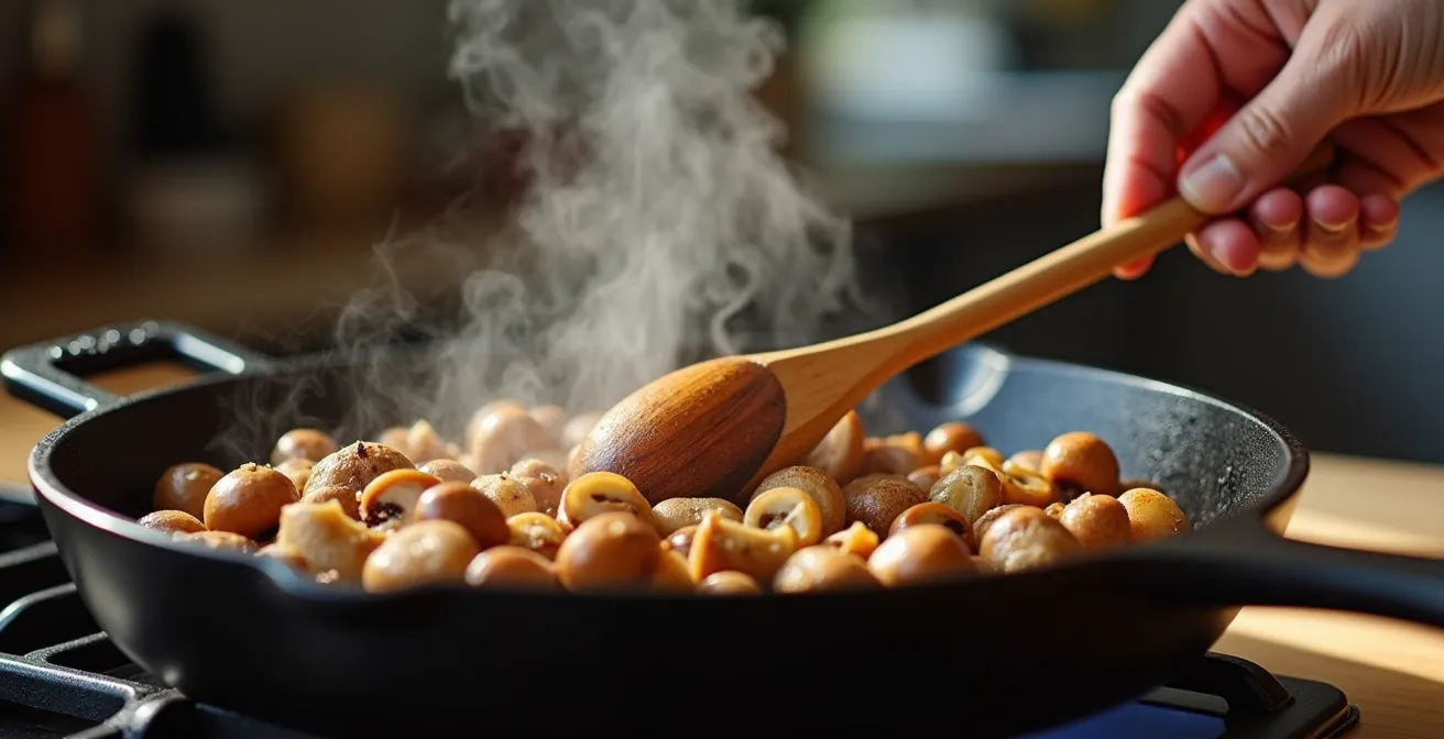 Golden-brown mushrooms being cooked in a pan showing proper browning technique