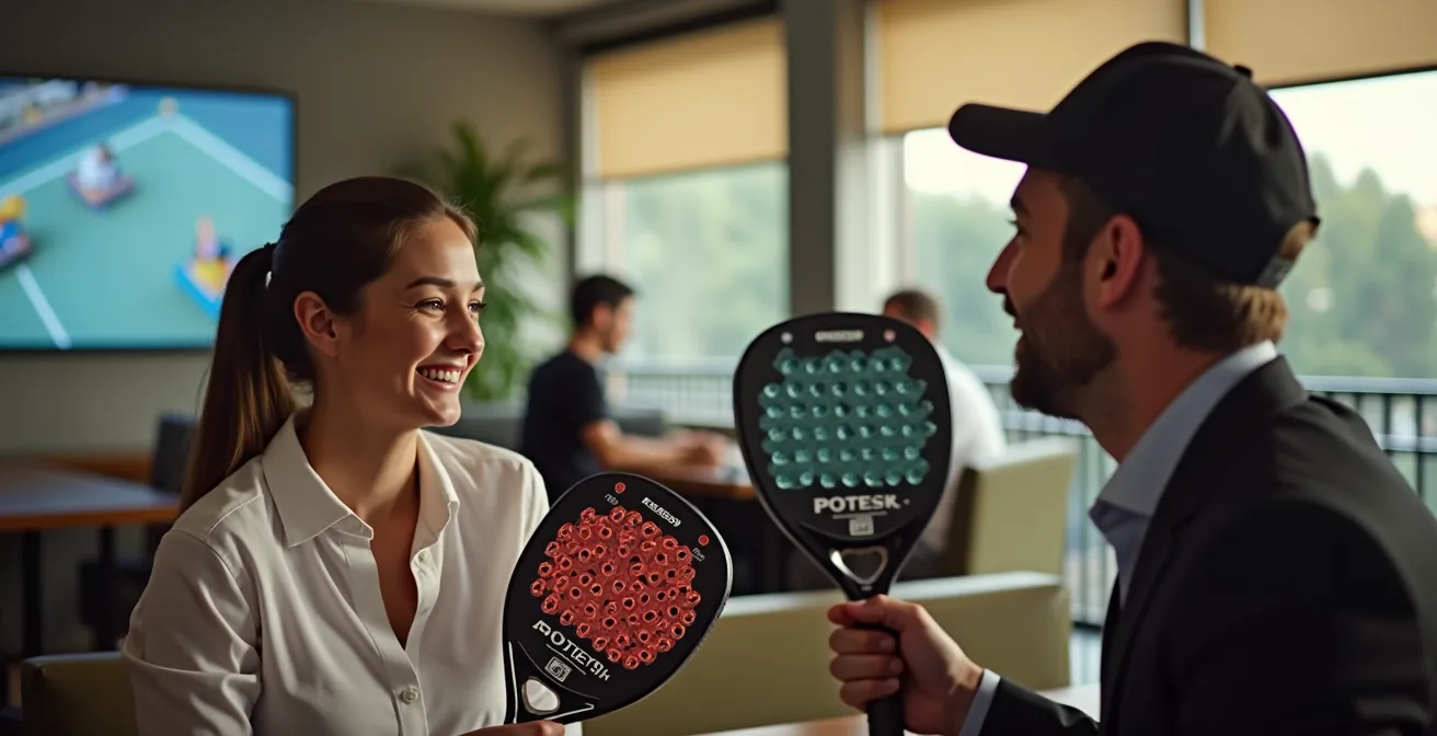 Modern padel club lounge with business professionals in post-game conversation