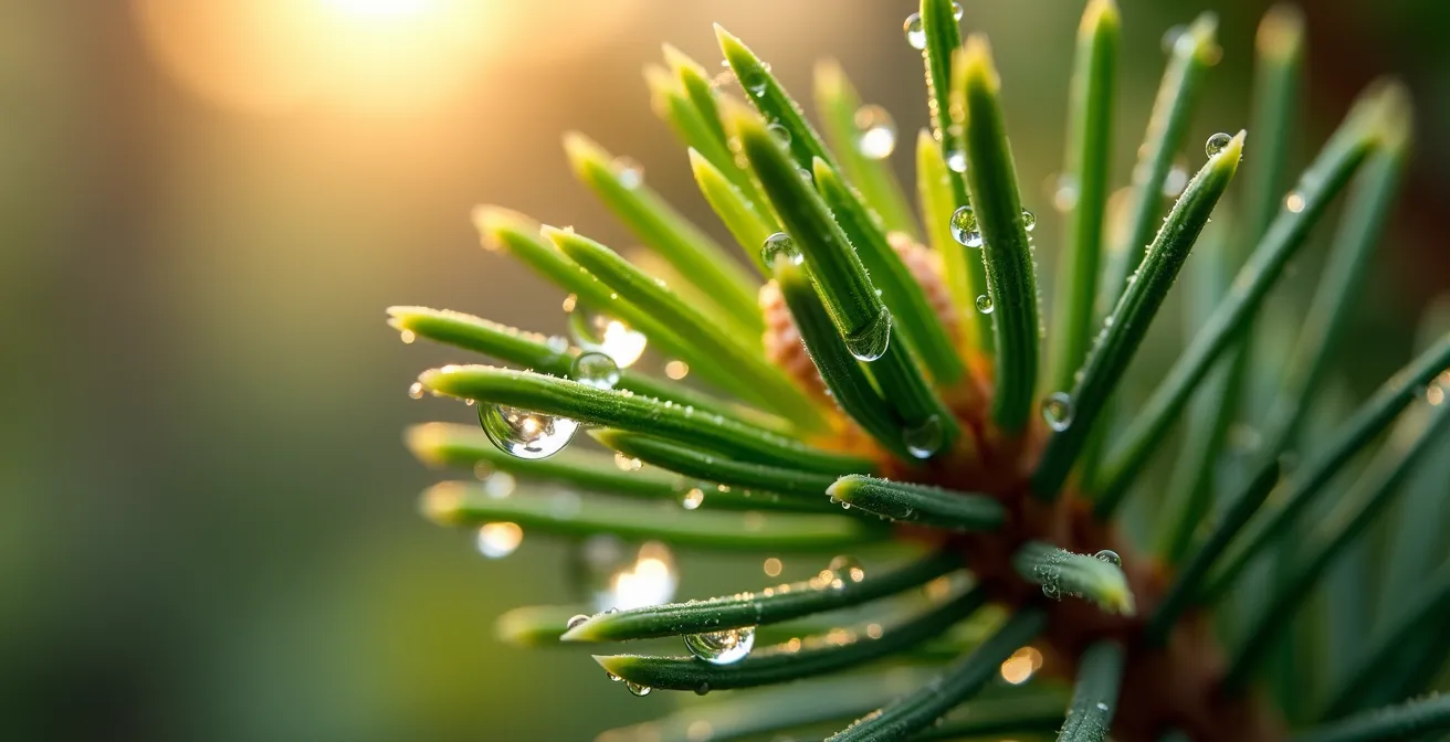 Extreme close-up of pine needles with morning dew drops