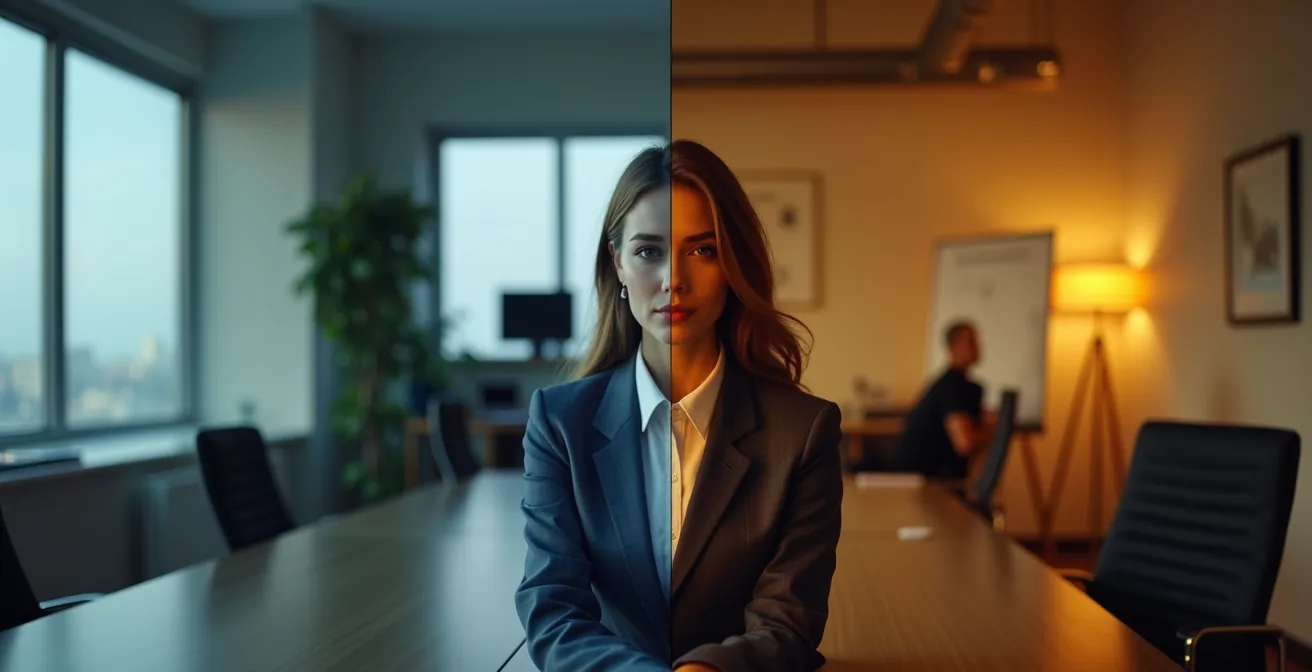 Split composition showing the duality of a professional's identity, formal on one side and approachable on the other.