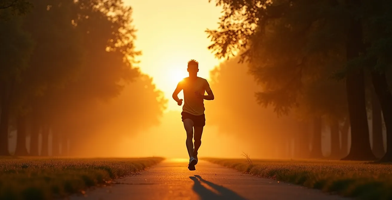 Solitary runner on empty path at dawn representing perseverance