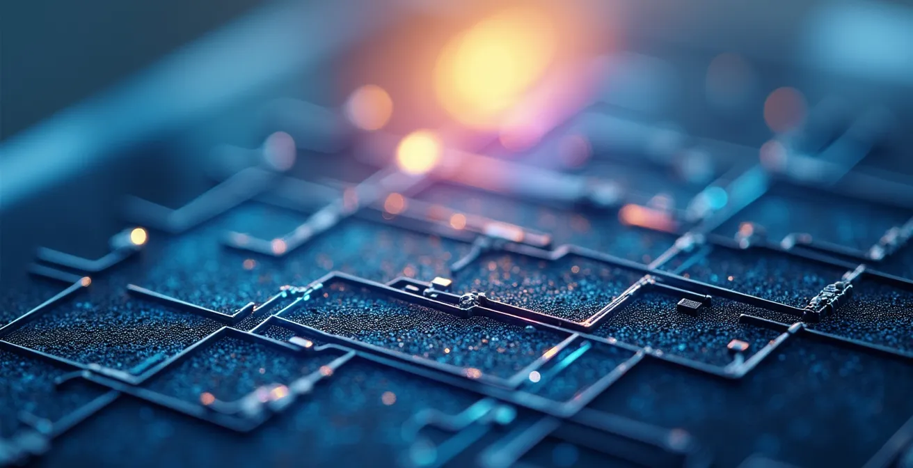 Macro shot of crystalline silicon solar cell structure with visible silver traces