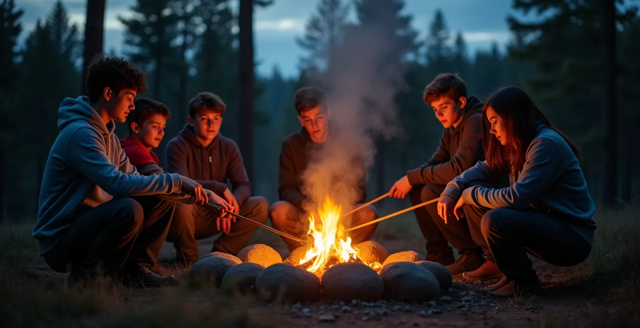 Teenagers gathered around a glowing campfire, cooking and socializing in a forest at dusk.
