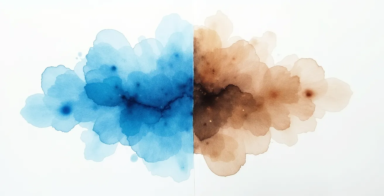 Watercolor painting showing transparent layers of color with visible granulation and pigment settling patterns