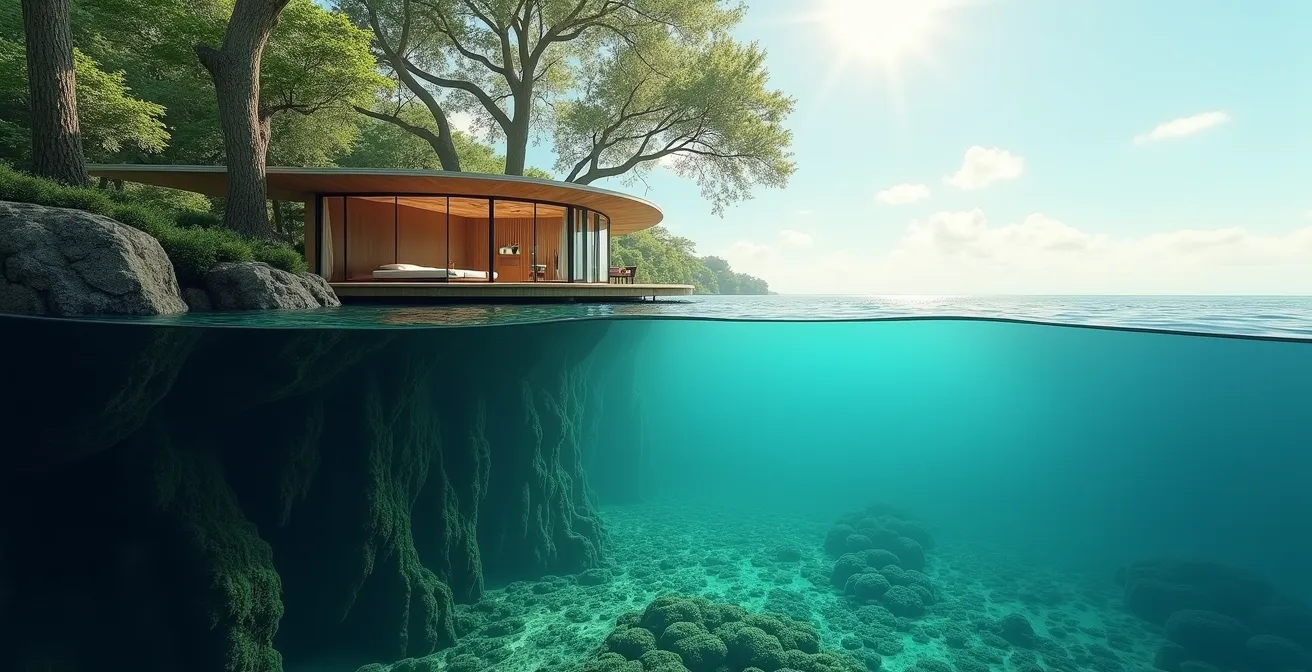 Cross-section visualization of elevated treehouse versus submerged underwater room