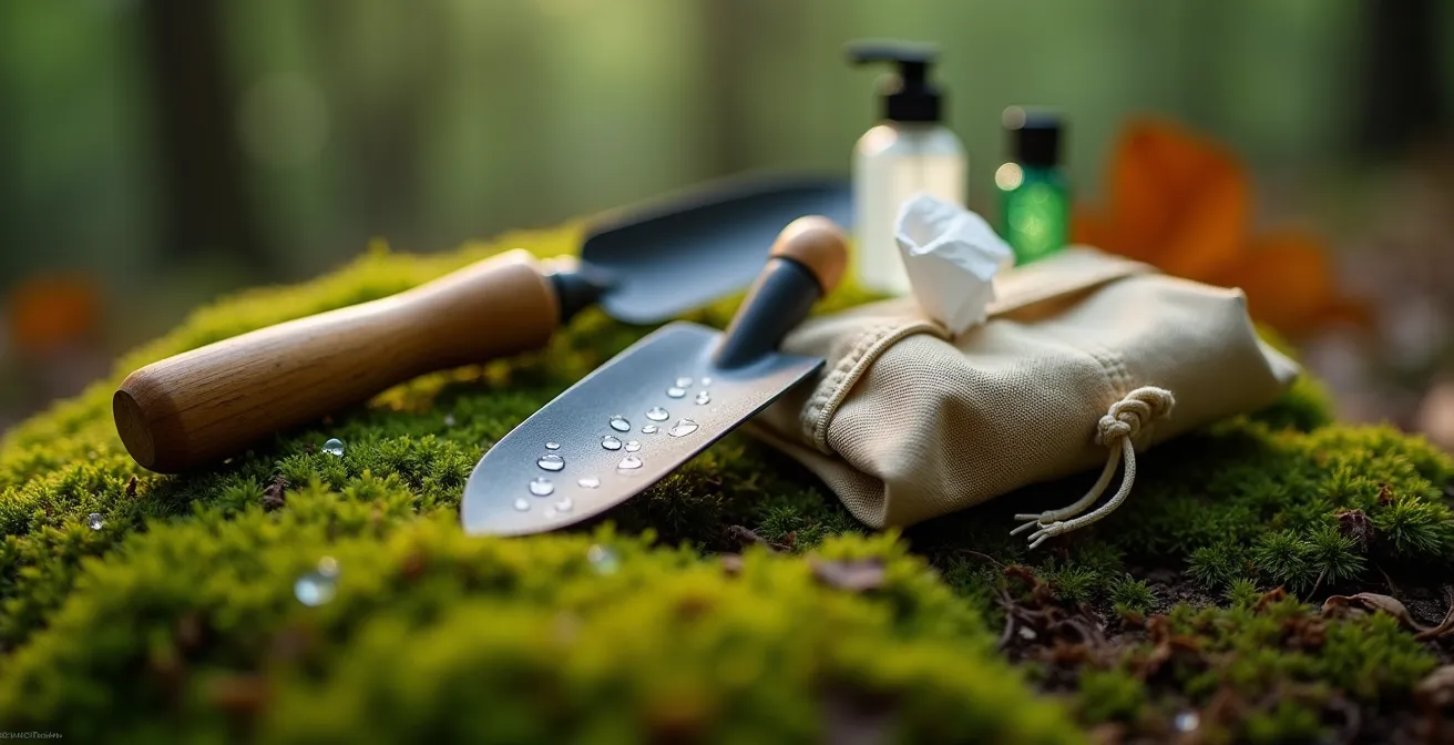 An organized wilderness hygiene kit with a trowel, biodegradable tissue, and hand sanitizer laid out on the mossy forest floor.